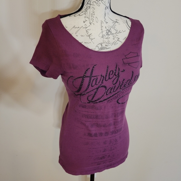 Harley Davidson Wide Cut Neck Magenta Tee - Picture 2 of 5